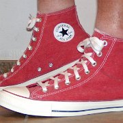 2017 Red Stonewashed High Top Chucks  Wearing 2017 stonewashed red high tops, left view 1.